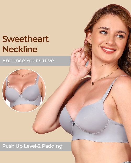 Woman wearing a gray bra with 'Sweetheart Neckline' text and inset showing bra details.