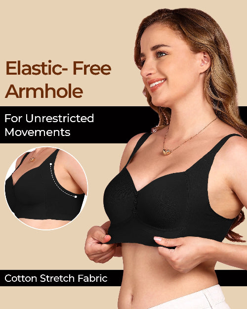 Woman wearing a black bra with text highlighting 'Elastic-Free Armhole' and 'Cotton Stretch Fabric'.