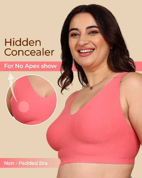 Woman wearing a pink bra with 'Hidden Concealer' text and inset showing no apex show feature.