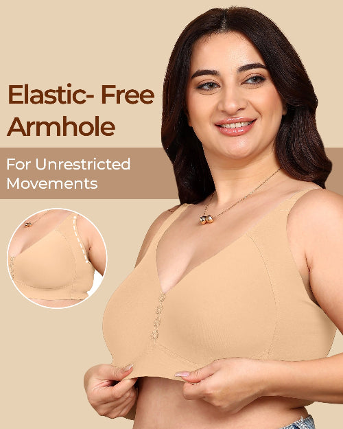 Woman wearing a beige bra with 'Elastic-Free Armhole' text and inset showing armhole design.