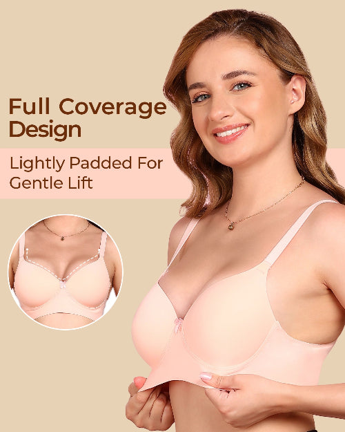 Woman wearing a light pink bra with text highlighting 'Full Coverage Design' and 'Lightly Padded For Gentle Lift'.