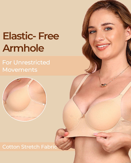 Woman wearing a beige bra with text about elastic-free armholes and cotton stretch fabric.