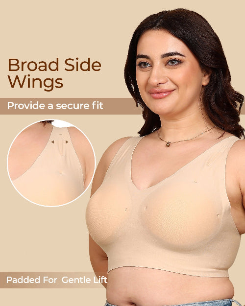Woman wearing a beige bra with text highlighting features on a beige background