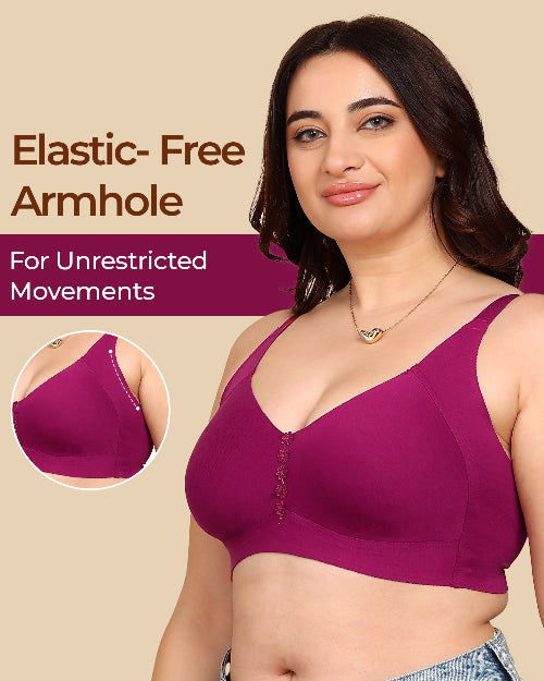 Woman wearing a purple bra with text about elastic-free armholes on a beige background