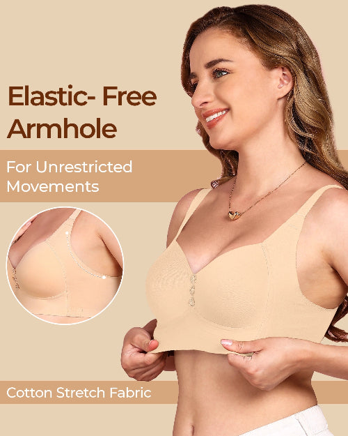 Woman wearing a beige bra with text highlighting 'Elastic-Free Armhole' and 'Cotton Stretch Fabric'.