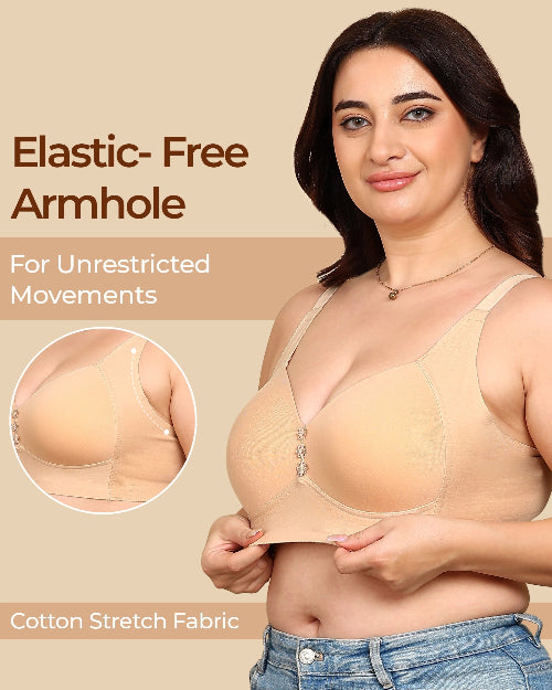 Woman wearing a beige bra with text highlighting 'Elastic-Free Armhole' and 'Cotton Stretch Fabric'.