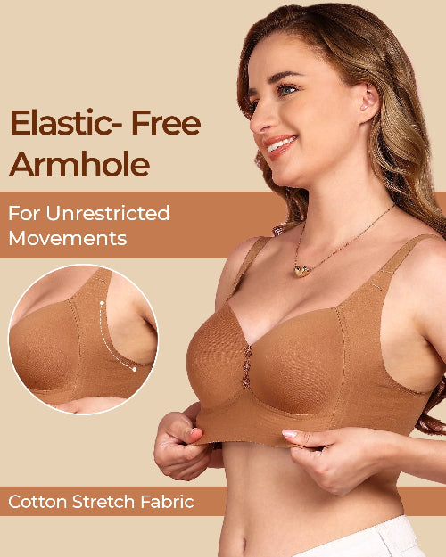 Woman wearing a brown bra with text about elastic-free armholes and cotton stretch fabric on a beige background.