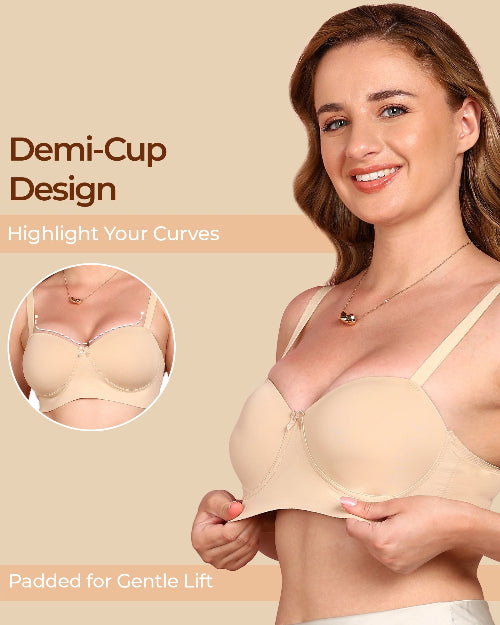 Woman wearing a beige demi-cup bra with text highlighting its design on a beige background