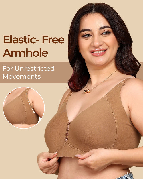 Woman wearing a brown bra with 'Elastic-Free Armhole' text and inset showing armhole design.