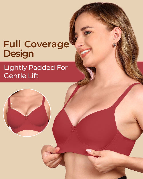 Woman wearing a red bra with text highlighting 'Full Coverage Design' and 'Lightly Padded For Gentle Lift'.