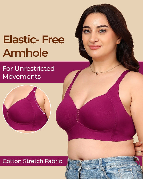 Woman wearing a purple bra with text about elastic-free armholes and cotton stretch fabric on a beige background.