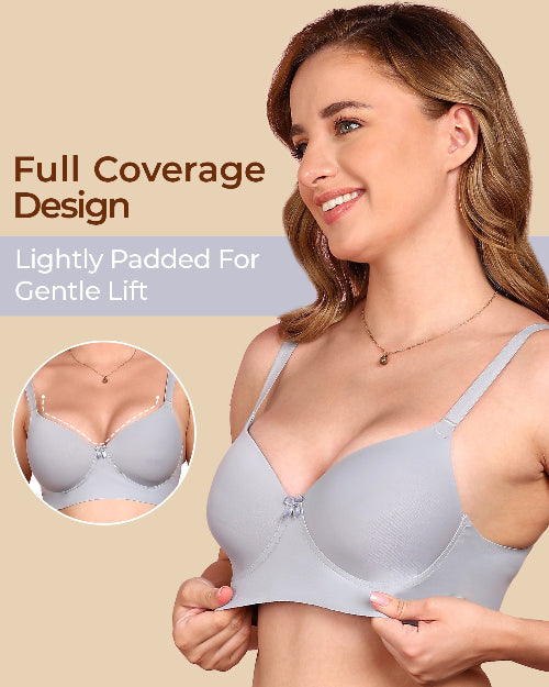 Woman wearing a light gray bra with text highlighting 'Full Coverage Design' and 'Lightly Padded For Gentle Lift'.