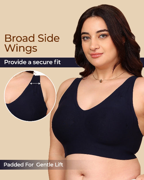 Woman wearing a black bra with text highlighting features on a beige background
