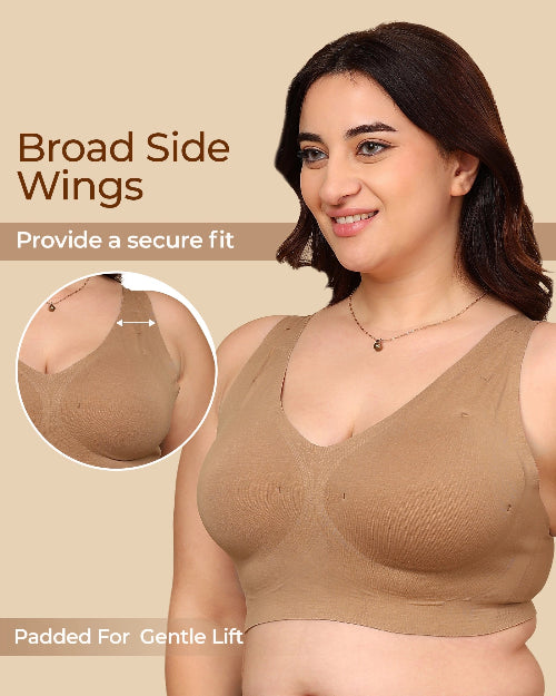 Woman wearing a beige bra with text highlighting features on a beige background