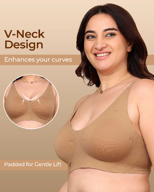 Woman wearing a beige V-neck bra with text highlighting design features on a beige background