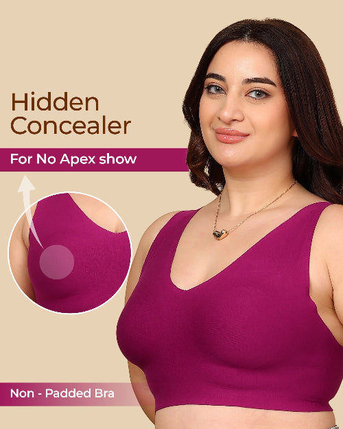 Woman wearing a purple bra with 'Hidden Concealer' text and inset showing no apex show feature.