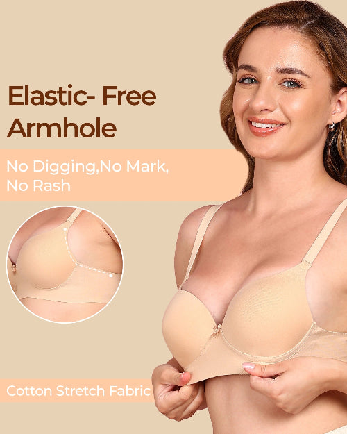 Woman wearing a beige bra with text highlighting 'Elastic-Free Armhole' on a beige background.