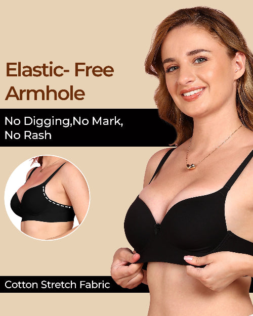 Woman wearing a black bra with text highlighting features on a beige background