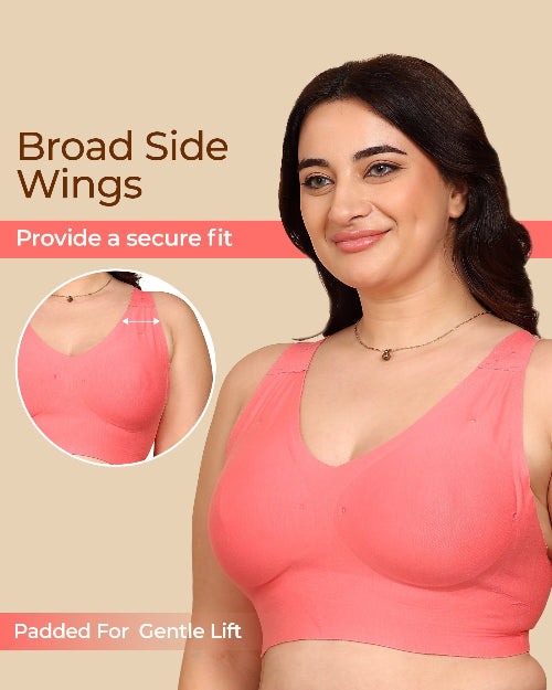Woman wearing a pink bra with text highlighting features on a beige background