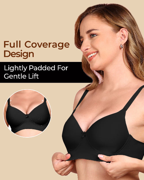 Woman wearing a black bra with text highlighting 'Full Coverage Design' and 'Lightly Padded For Gentle Lift'.