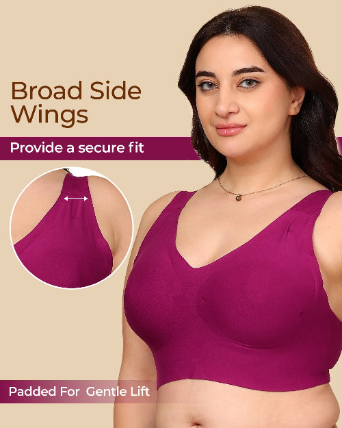 Woman wearing a purple bra with text highlighting features on a beige background