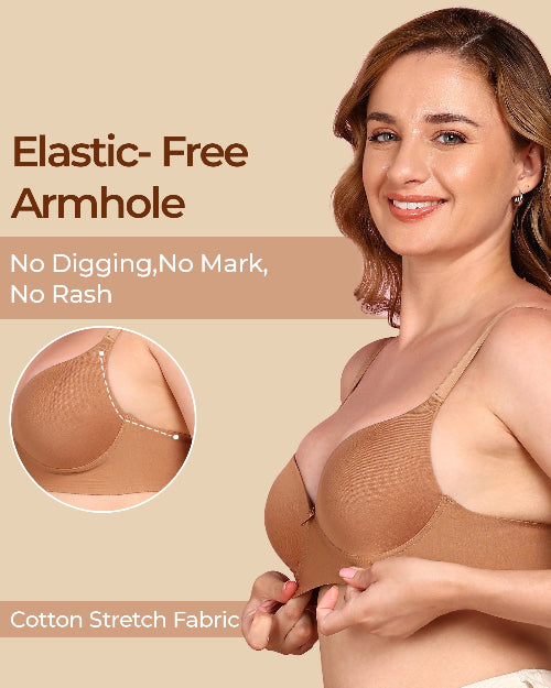 Woman wearing a brown bra with text highlighting 'Elastic-Free Armhole' on a beige background.