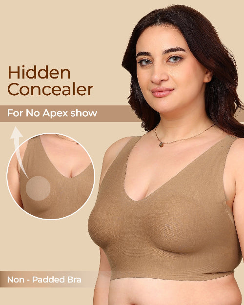 Woman wearing a brown non-padded bra with 'Hidden Concealer' text and inset showing no apex show.