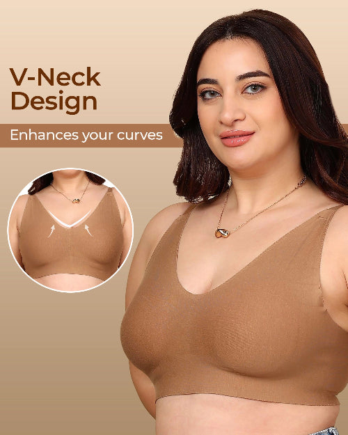 Woman wearing a brown V-neck bra with text highlighting its design features on a beige background.