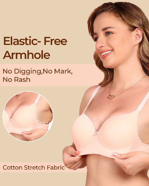 Woman wearing a bra with text highlighting elastic-free armhole design on a beige background
