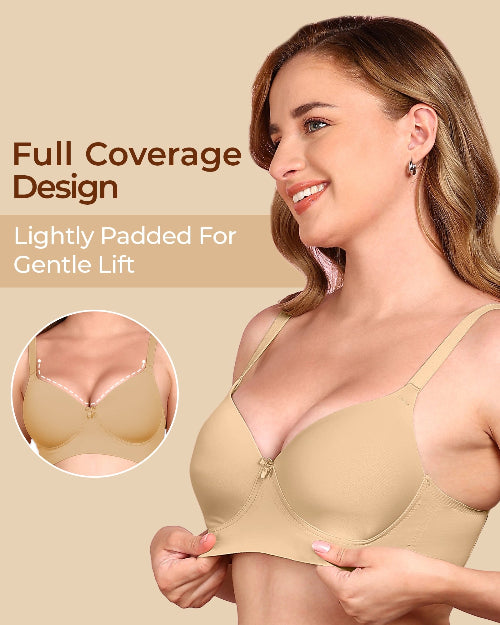 Woman wearing a beige bra with text highlighting 'Full Coverage Design' and 'Lightly Padded For Gentle Lift'.