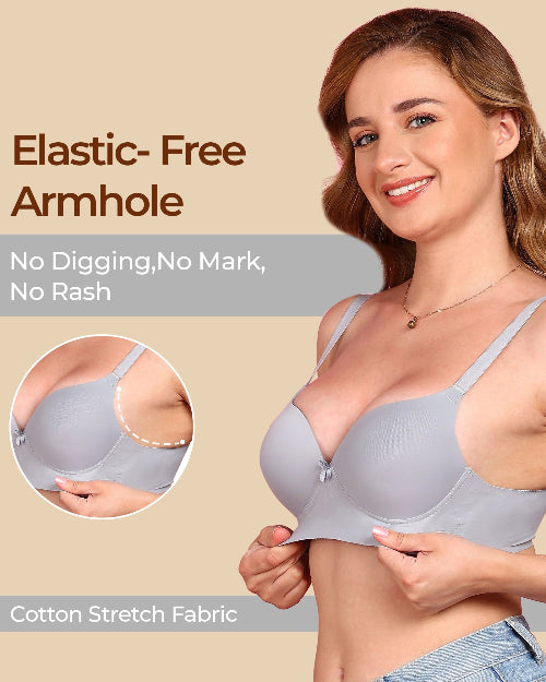 Woman wearing a gray bra with text highlighting features on a beige background