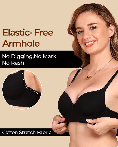 Woman wearing a black bra with text highlighting features on a beige background