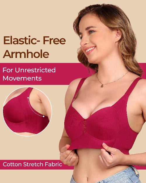 Woman wearing a red bra with text highlighting 'Elastic-Free Armhole' and 'Cotton Stretch Fabric'.