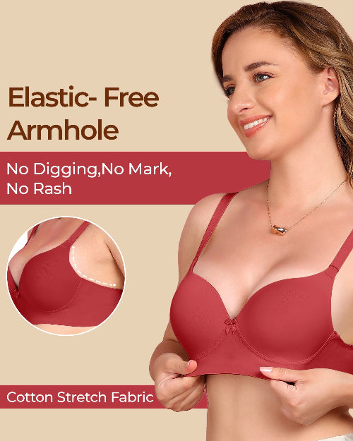 Woman wearing a red bra with text highlighting 'Elastic-Free Armhole' on a beige background