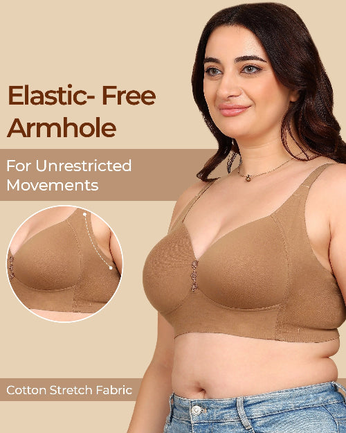 Woman wearing a brown bra with text highlighting 'Elastic-Free Armhole' and 'Cotton Stretch Fabric'.