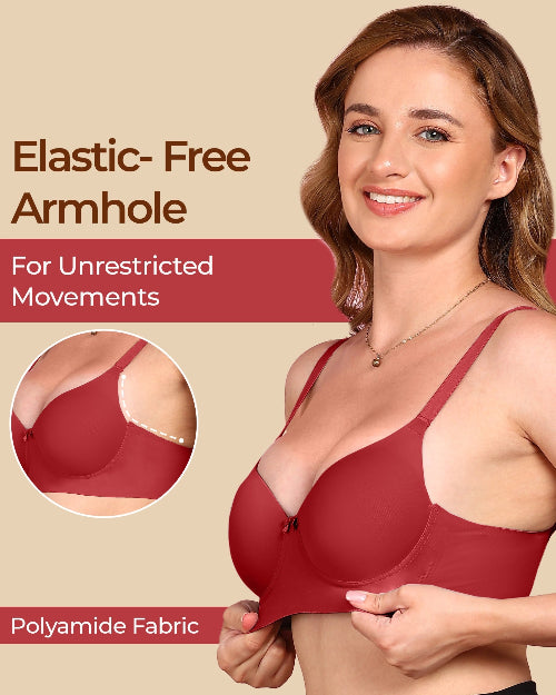 Woman wearing a red bra with text about elastic-free armholes and polyamide fabric.