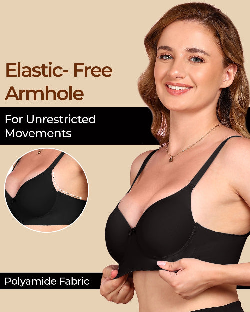 Woman wearing a black bra with text about elastic-free armhole design on a beige background