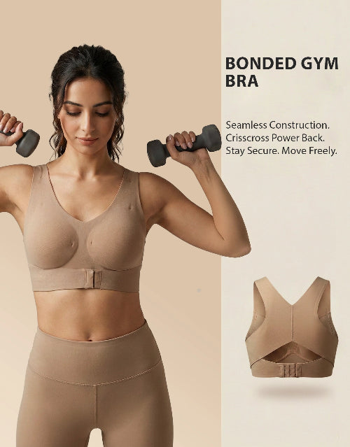 Woman wearing a beige bonded gym bra lifting weights with product details on a beige background