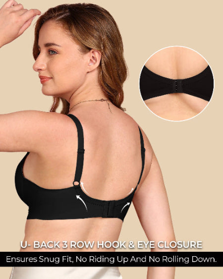 Woman wearing a black bra with U-back 3 row hook & eye closure feature, inset showing close-up of closure.