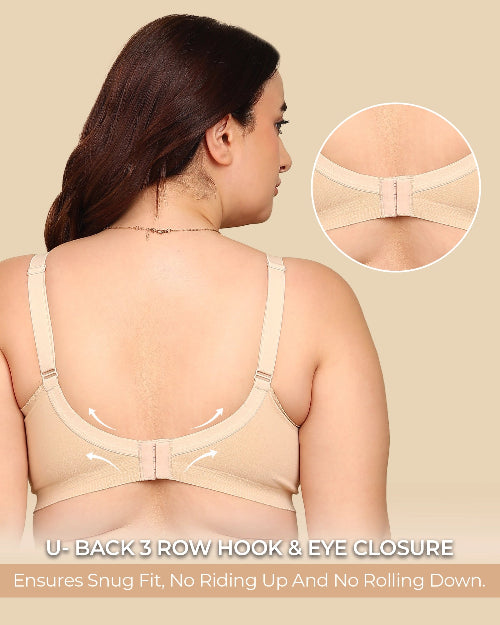 Woman wearing a beige back support brace with close-up details on a beige background