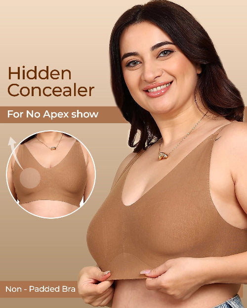 Woman wearing a brown non-padded bra with 'Hidden Concealer' text and inset showing bra detail.