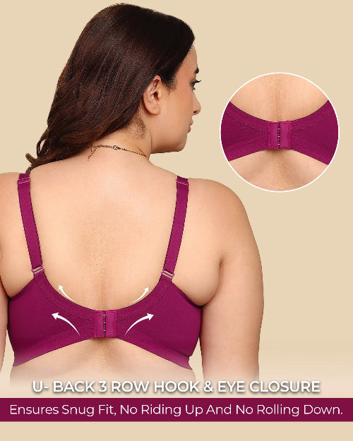 Purple bra with U-back design and close-up of hook and eye closure on a beige background