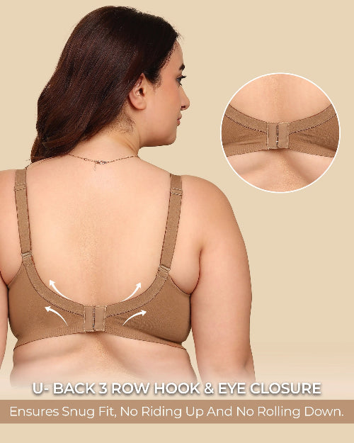 Woman wearing a brown bra with close-up details on a beige background