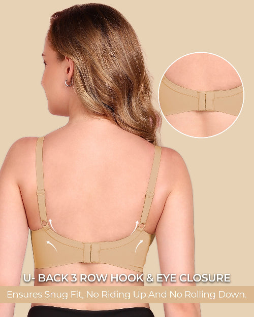Woman wearing a beige back closure bra with a close-up inset on a beige background.