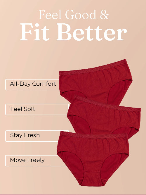 Red underwear on a beige background with text highlighting features.