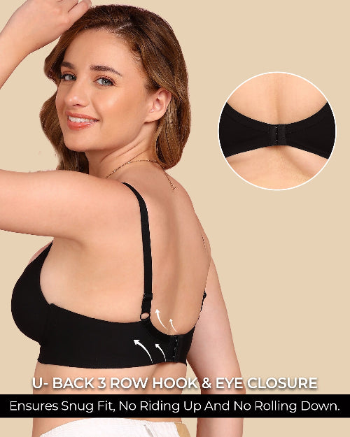 Woman wearing a black bra with U-back design, inset showing closure detail, on beige background.