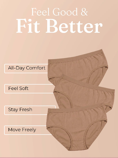 Three pairs of brown underwear on a beige background with text highlighting benefits.