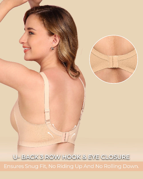 Woman wearing a beige back support brace with close-up inset and text on a beige background