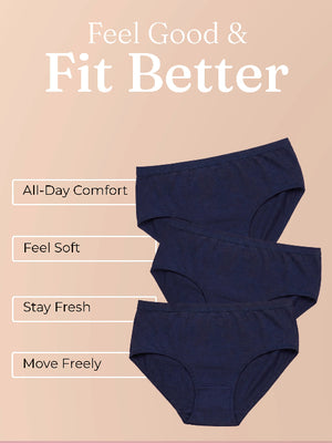 Navy blue underwear on a beige background with text highlighting features.