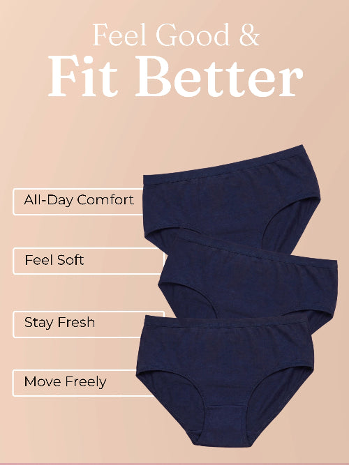 Navy blue underwear on a beige background with text highlighting features.